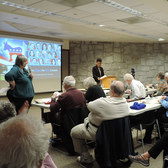 faculty member Pearl Dowe presenting before a lunch colloquium group in Feb 2020